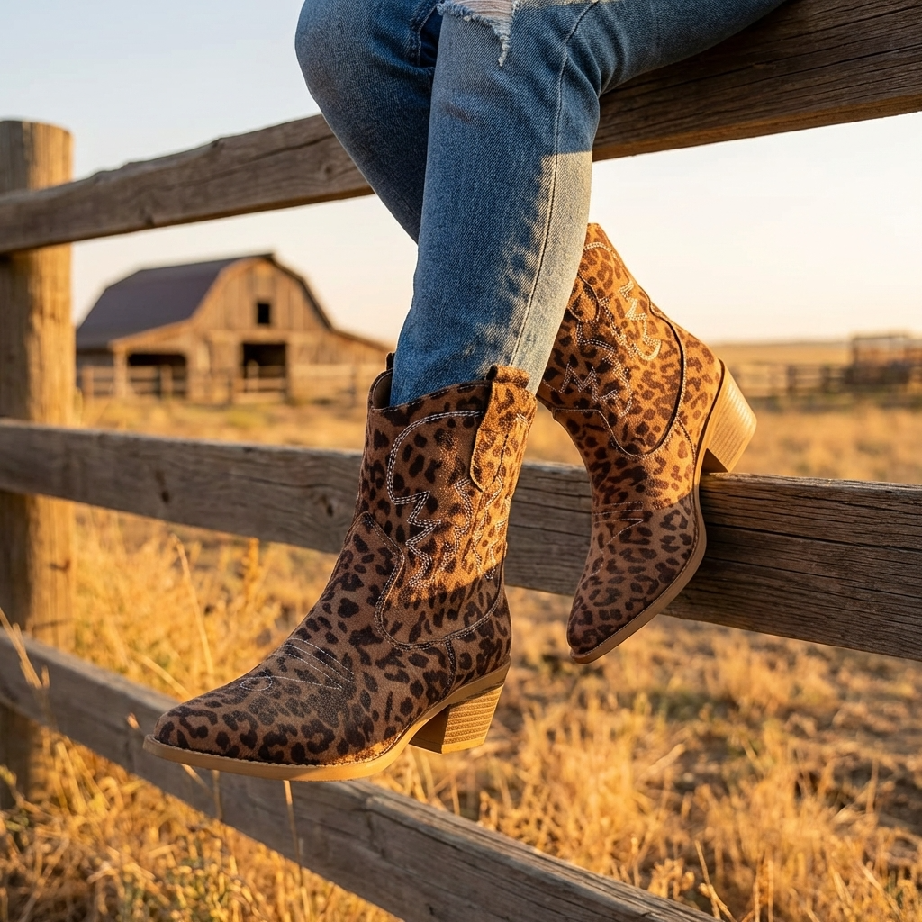 Women's Short Western Cowboy Boots – Suede Pointed Toe Thick Heel Slip-On
