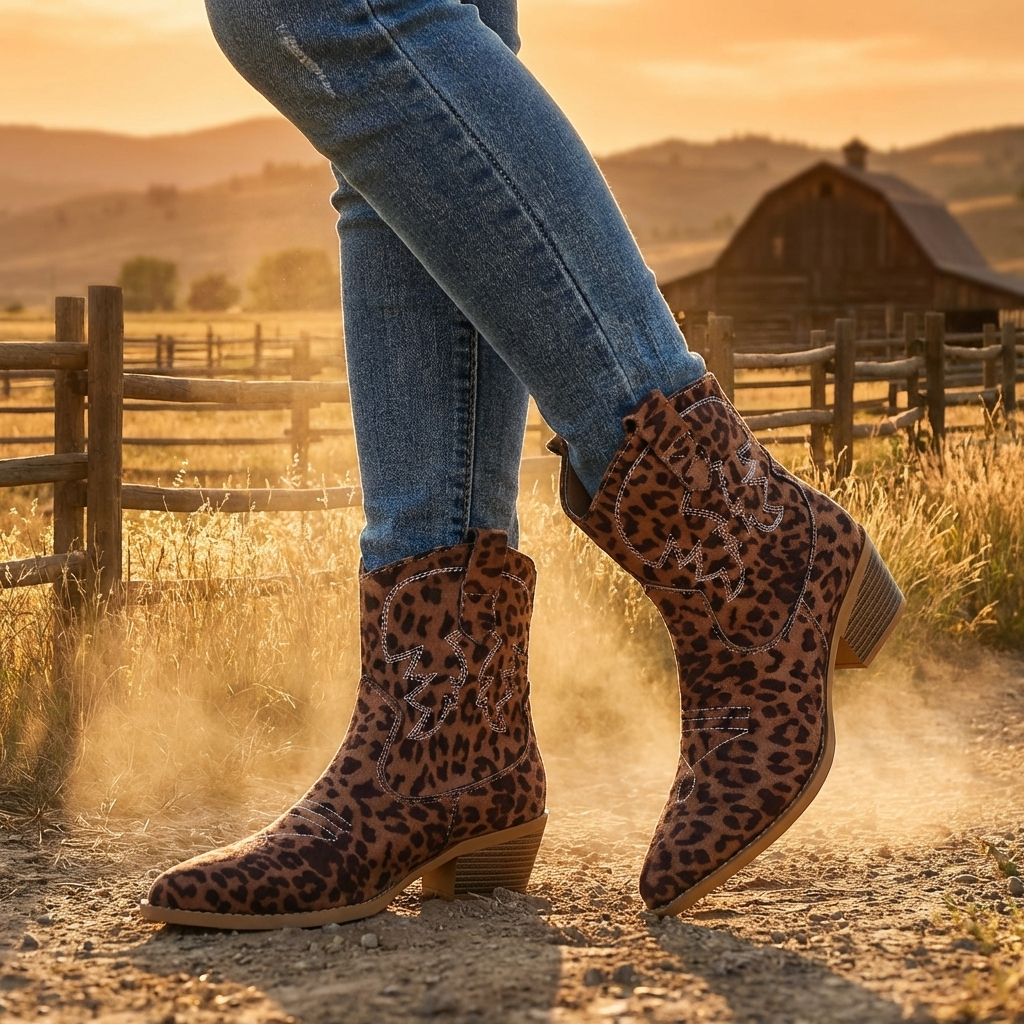 Women's Short Western Cowboy Boots – Suede Pointed Toe Thick Heel Slip-On