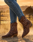 Women's Short Western Cowboy Boots – Suede Pointed Toe Thick Heel Slip-On