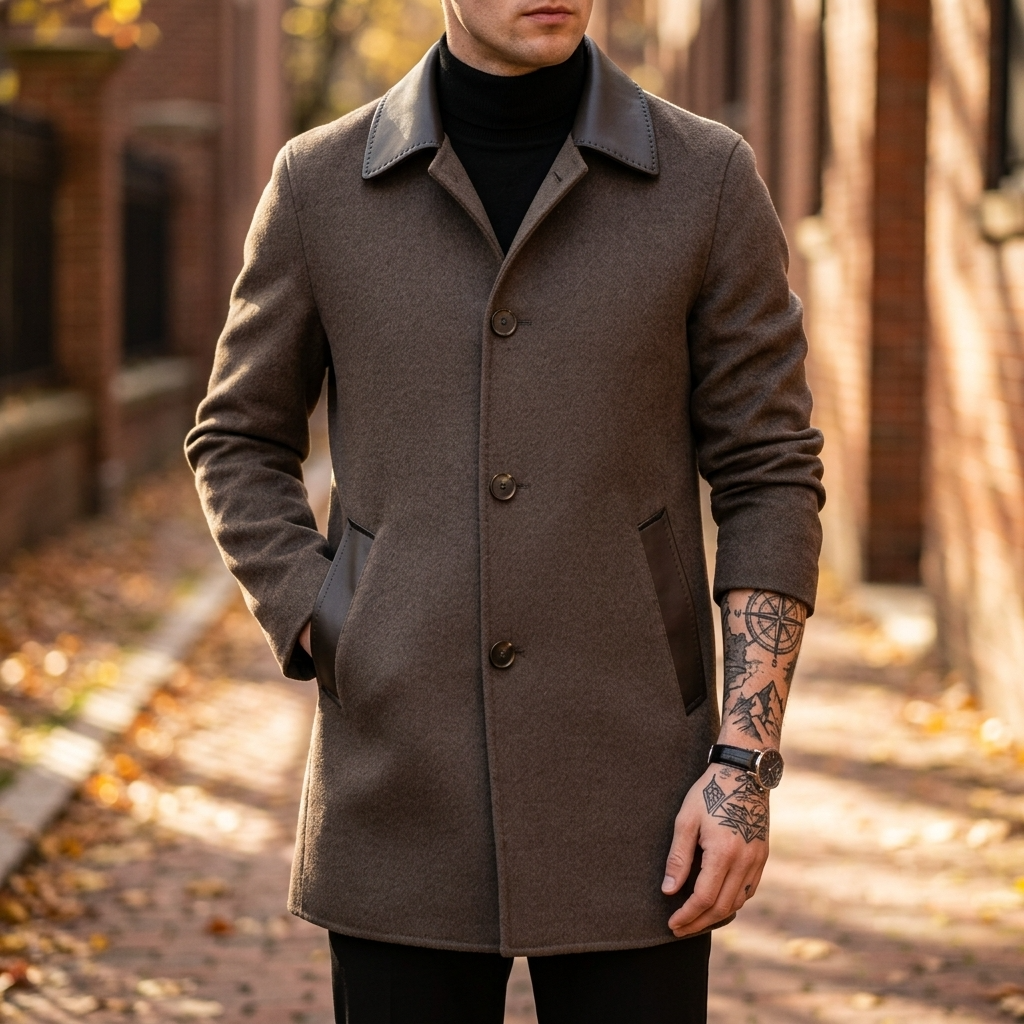 Men's  Wool Double-Faced Trench Coat - Single-Breasted Lapel Overcoat
