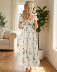 Women’s Floral Chiffon Maxi Dress – Square Neck Summer Dress with Lotus Leaf Sleeves, Slim Waist Fit & Elegant Flowing Design