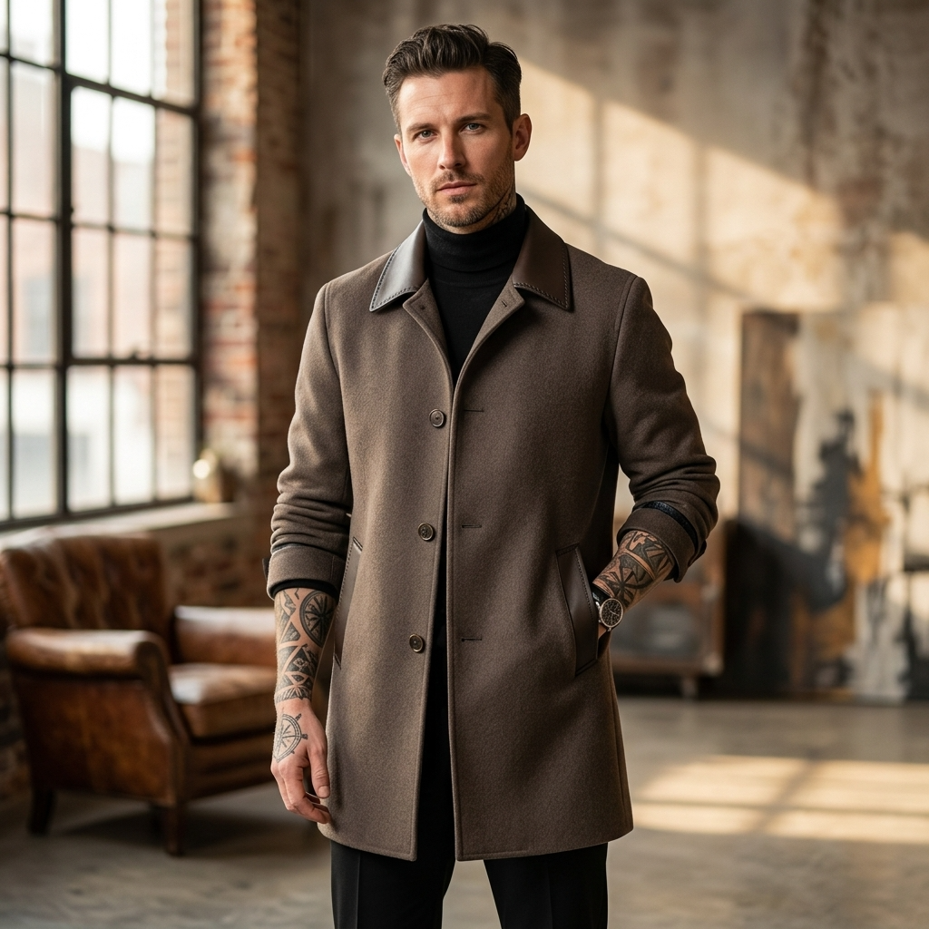 Men's  Wool Double-Faced Trench Coat - Single-Breasted Lapel Overcoat