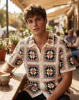 Men's Crochet Knit Polo Shirt – Color Block Jacquard Short Sleeve Breathable Summer Polo