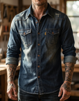 Men's Slim Fit Denim Workwear Shirt - Long Sleeve Button-Up