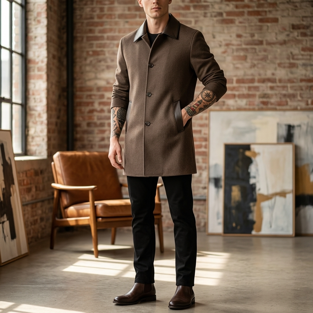 Men's  Wool Double-Faced Trench Coat - Single-Breasted Lapel Overcoat