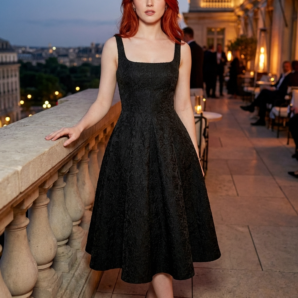 Women's Jacquard Slip Dress – A-Line Camisole High-Waist Mid-Length Formal Party Dress