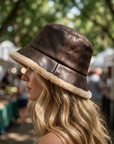 Women's PU Leather Bucket Hat - Faux Shearling Lined Fisherman Hat