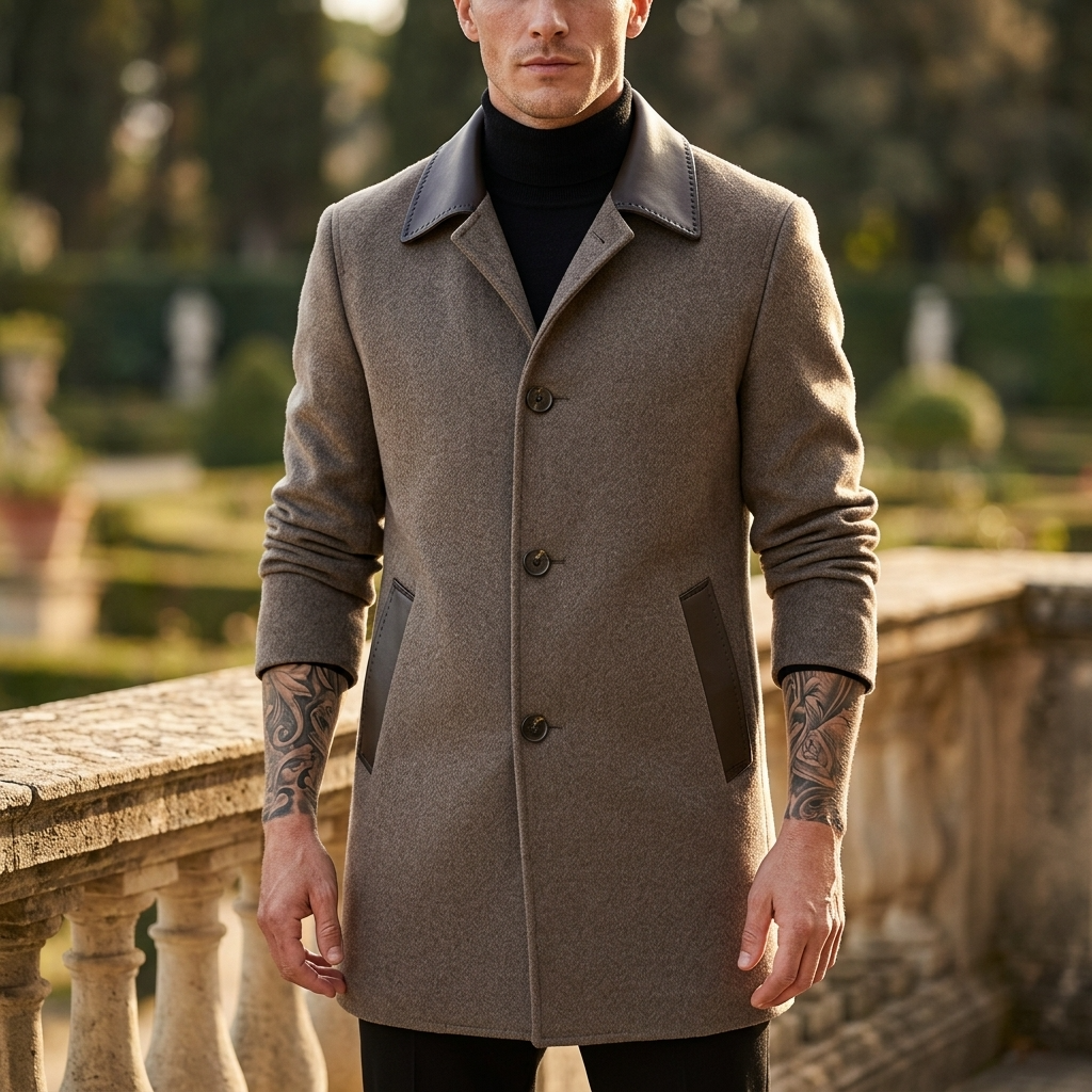 Men's  Wool Double-Faced Trench Coat - Single-Breasted Lapel Overcoat