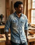 Men's Slim Fit Denim Workwear Shirt - Long Sleeve Button-Up