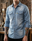 Men's Slim Fit Denim Workwear Shirt - Long Sleeve Button-Up