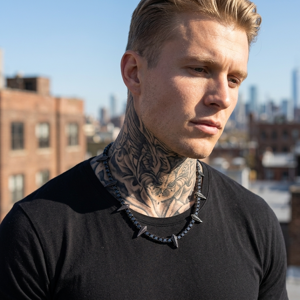 Men's Black Zircon Tennis Chain Necklace with Panther Pendant