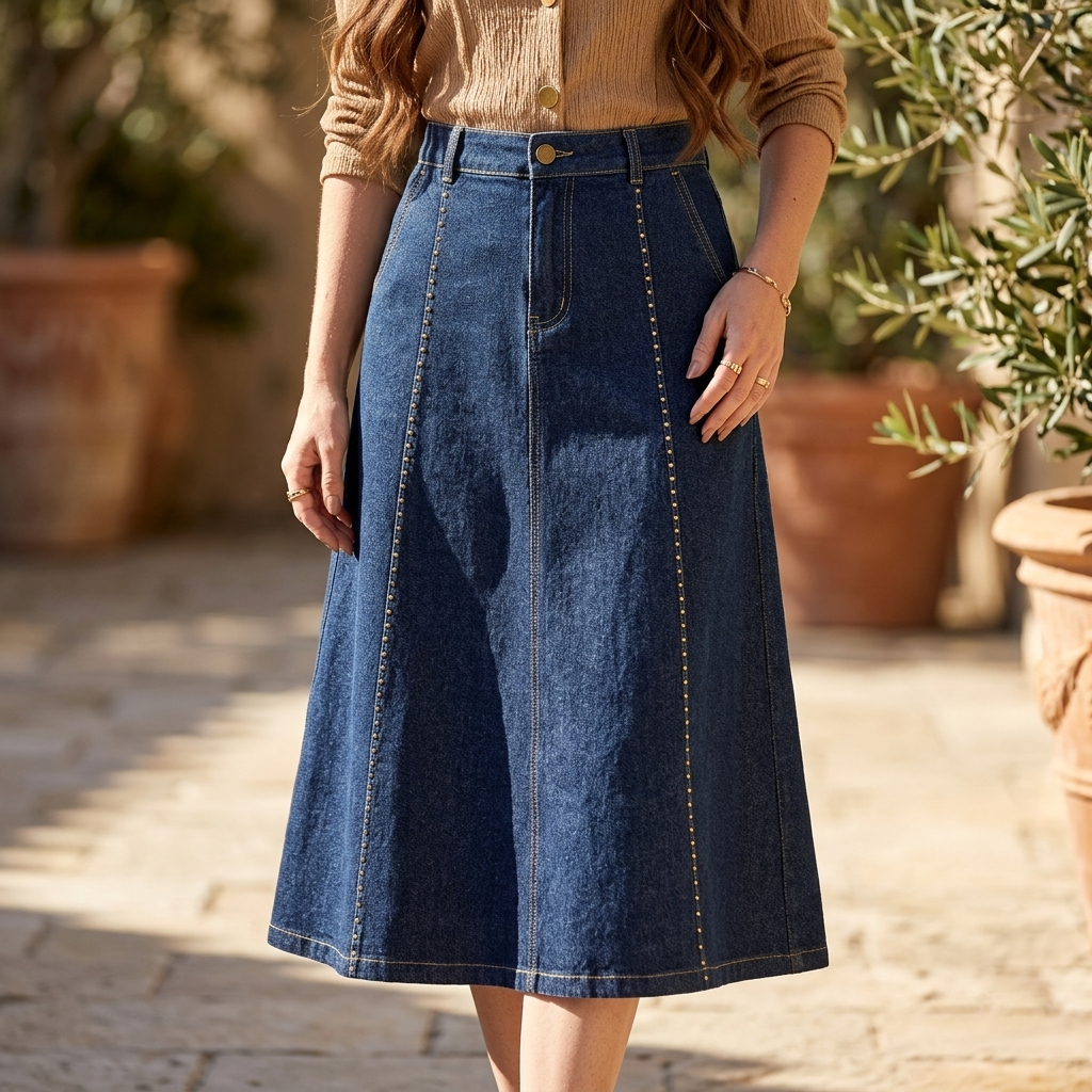 Women's Denim Blend A-Line Midi Skirt – High-Waisted Fade-Resistant