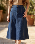 Women's Denim Blend A-Line Midi Skirt – High-Waisted Fade-Resistant