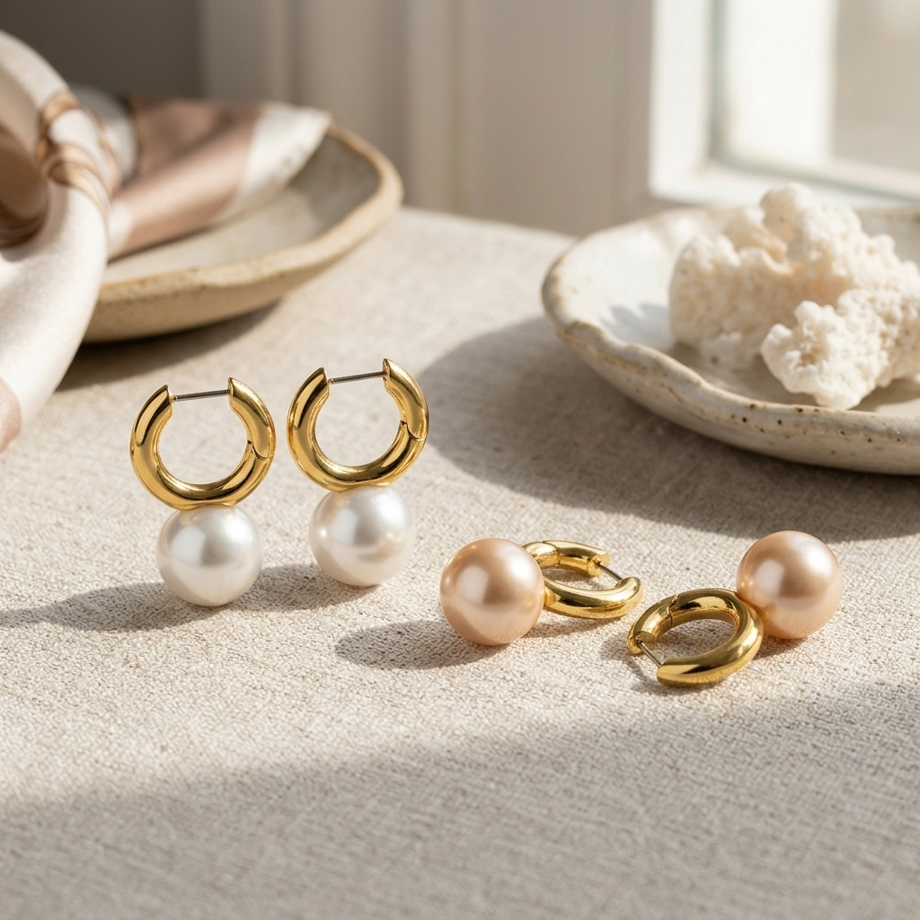 Ohrringe Damen – Kreolen mit großen Perlen, schlicht – Französischer Stil, vergoldet &amp; versilbert, minimalistisches Statement-Schmuckstück