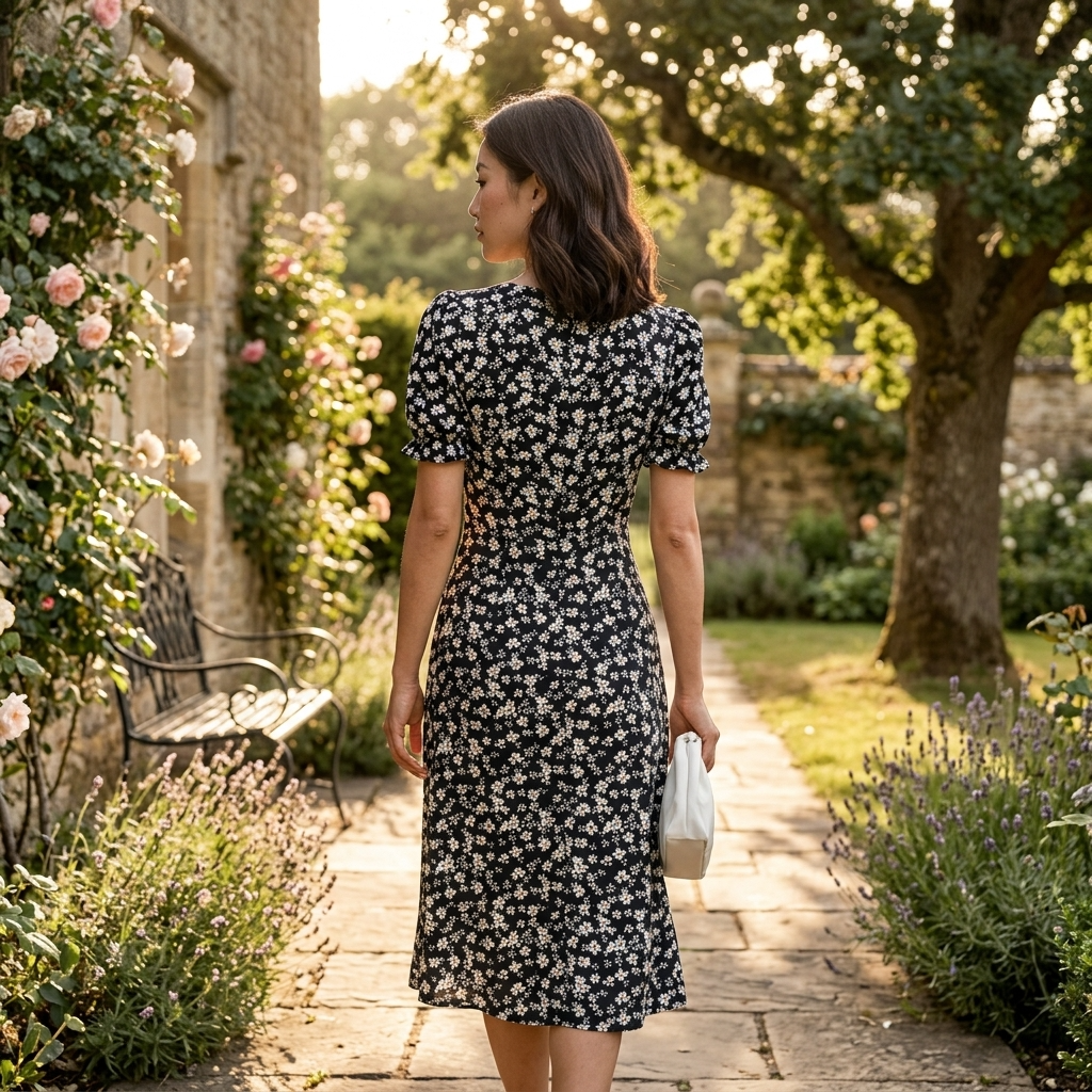 Women's Puff Sleeve Floral Daisy Midi Dress