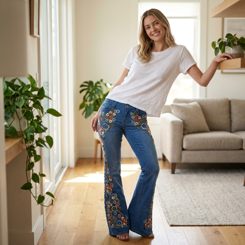 Women's Embroidered Flared Denim Jeans – Mid-Waist Micro-Flare