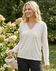 Women's Tencel Linen Blend V-Neck Long Sleeve Top – Loose Fit UV-Protection Pullover