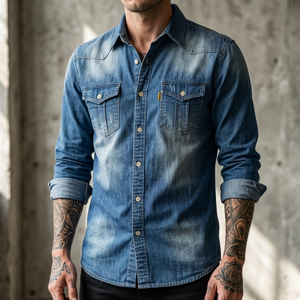 Men's Slim Fit Denim Workwear Shirt - Long Sleeve Button-Up