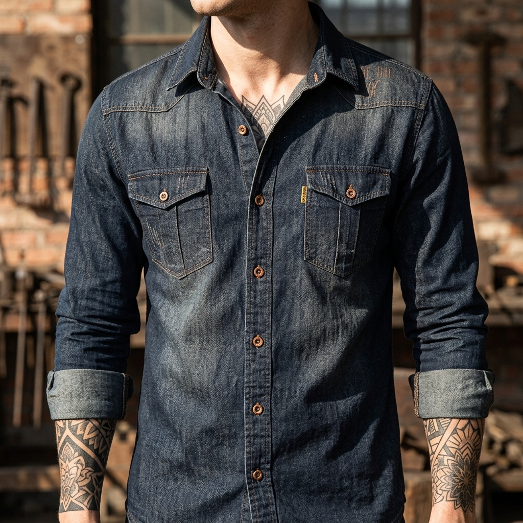 Men's Slim Fit Denim Workwear Shirt - Long Sleeve Button-Up