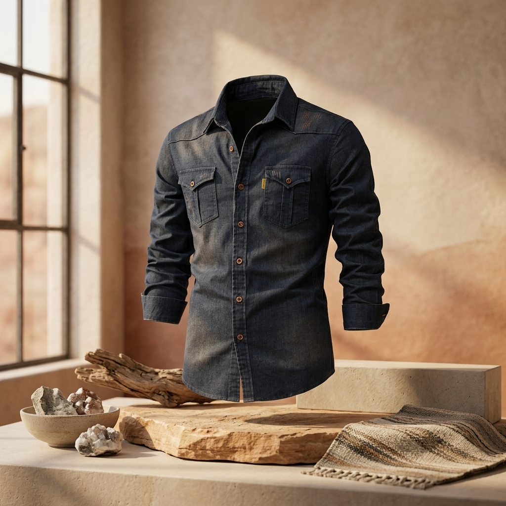Men's Slim Fit Denim Workwear Shirt - Long Sleeve Button-Up