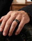 Men's Two-Tone Damascus Steel Ring – Tungsten Band with Gold Foil Meteorite Inlay Minimalist Wedding Ring