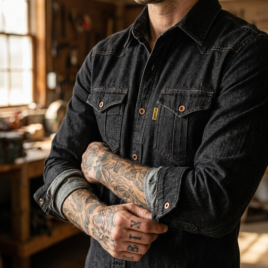 Men's Slim Fit Denim Workwear Shirt - Long Sleeve Button-Up