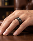 Men's Two-Tone Damascus Steel Ring – Tungsten Band with Gold Foil Meteorite Inlay Minimalist Wedding Ring
