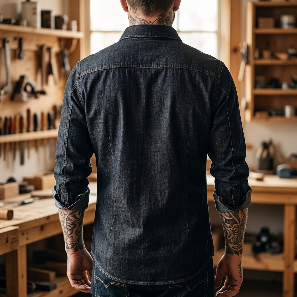 Men's Slim Fit Denim Workwear Shirt - Long Sleeve Button-Up