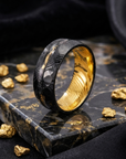 Men's Two-Tone Damascus Steel Ring – Tungsten Band with Gold Foil Meteorite Inlay Minimalist Wedding Ring