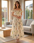 Women’s Floral Chiffon Maxi Dress – Square Neck Summer Dress with Lotus Leaf Sleeves, Slim Waist Fit & Elegant Flowing Design