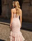 Women's Backless Sling Maxi Dress – Lace Ruffle Irregular Hem Bodycon