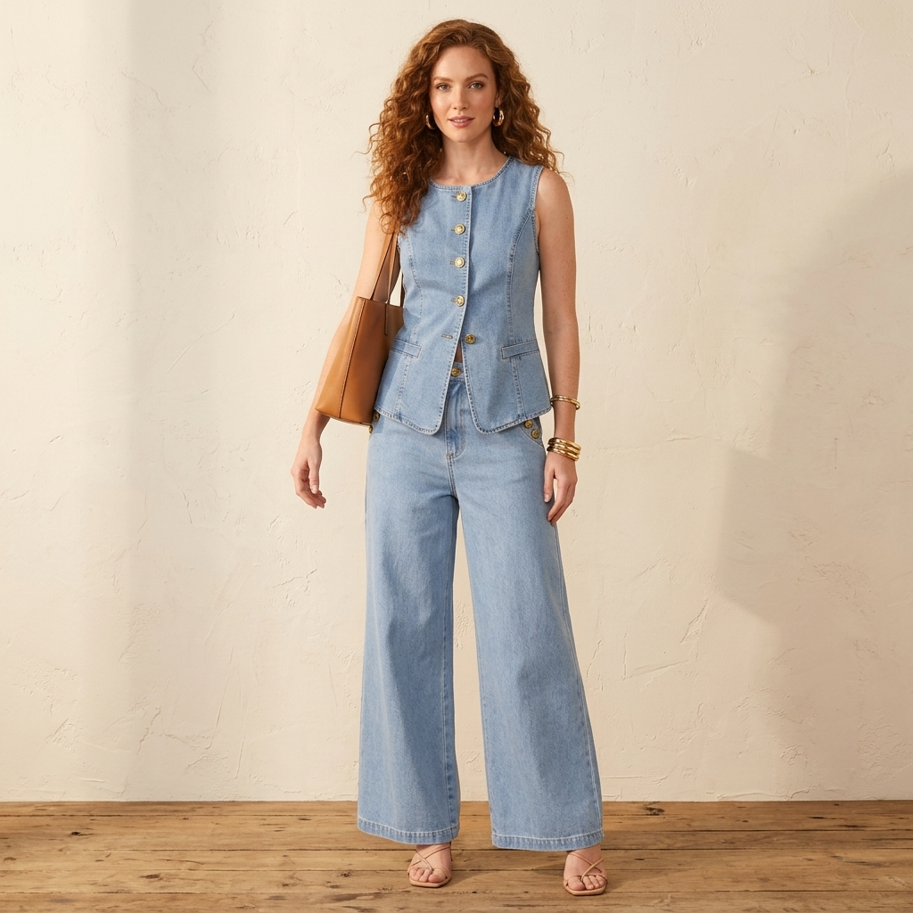 Women's Denim Sleeveless Top &amp; Wide-Leg Pants 2-Piece Set