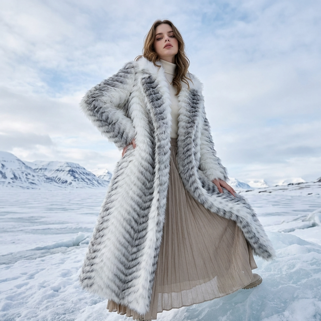 Women's Gradient Faux Mink Fur Coat - Long Herringbone Style