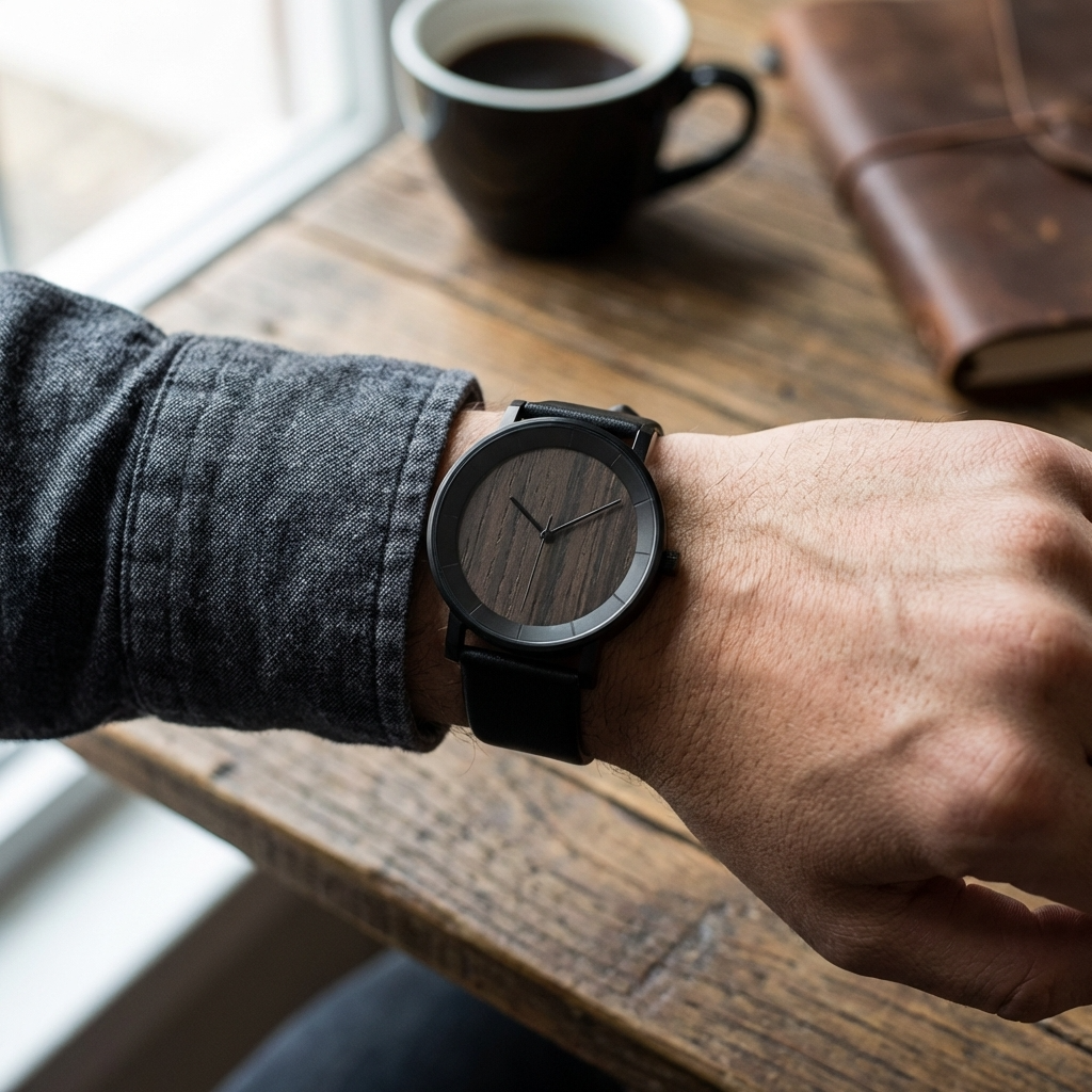 Wooden Watch Men – Natural Walnut Wood Quartz Analog Wristwatch with Leather Strap 3ATM Waterproof