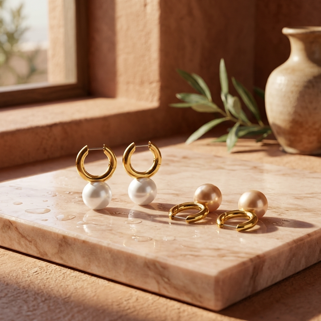 Ohrringe Damen – Kreolen mit großen Perlen, schlicht – Französischer Stil, vergoldet &amp; versilbert, minimalistisches Statement-Schmuckstück