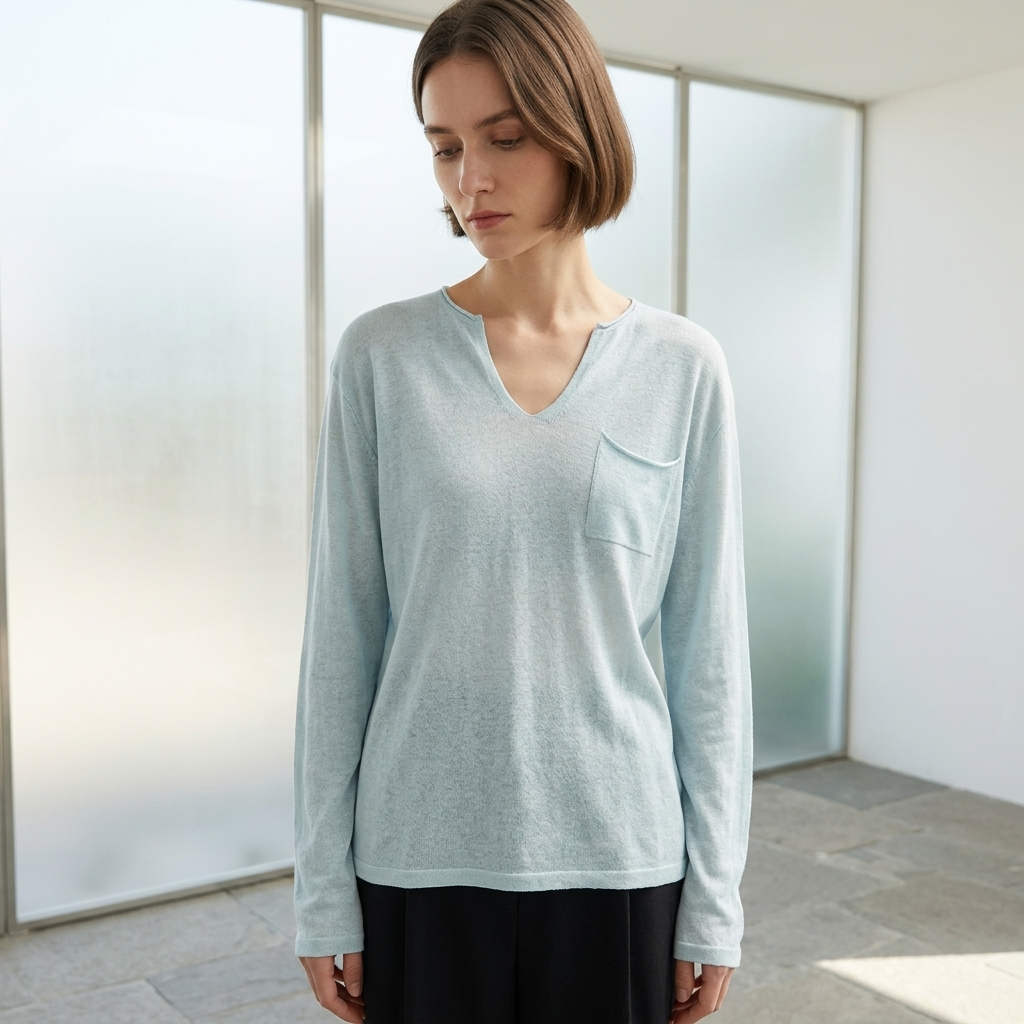 Women's Tencel Linen Blend V-Neck Long Sleeve Top – Loose Fit UV-Protection Pullover
