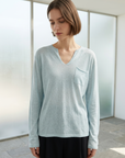 Women's Tencel Linen Blend V-Neck Long Sleeve Top – Loose Fit UV-Protection Pullover