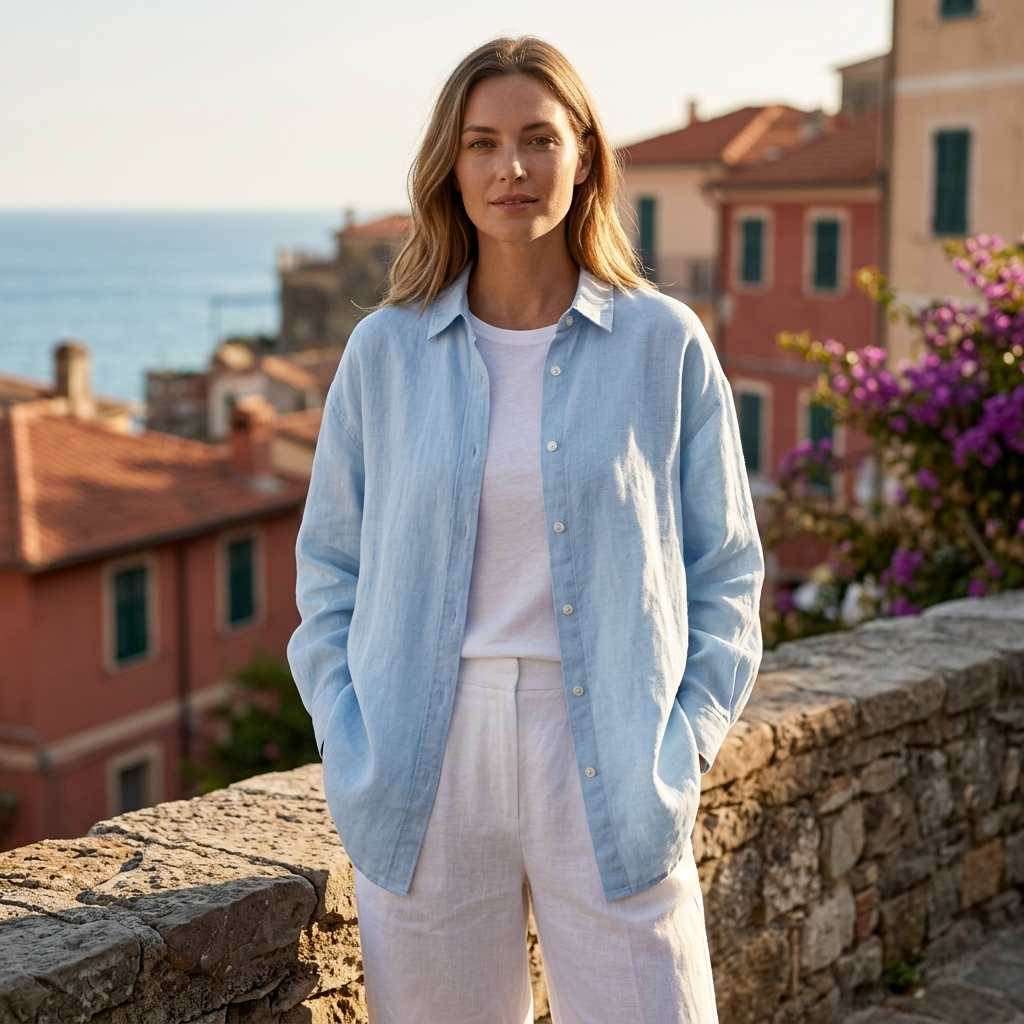 Women's 100% Linen Shirt – Long Sleeve Polo Collar Button-Down