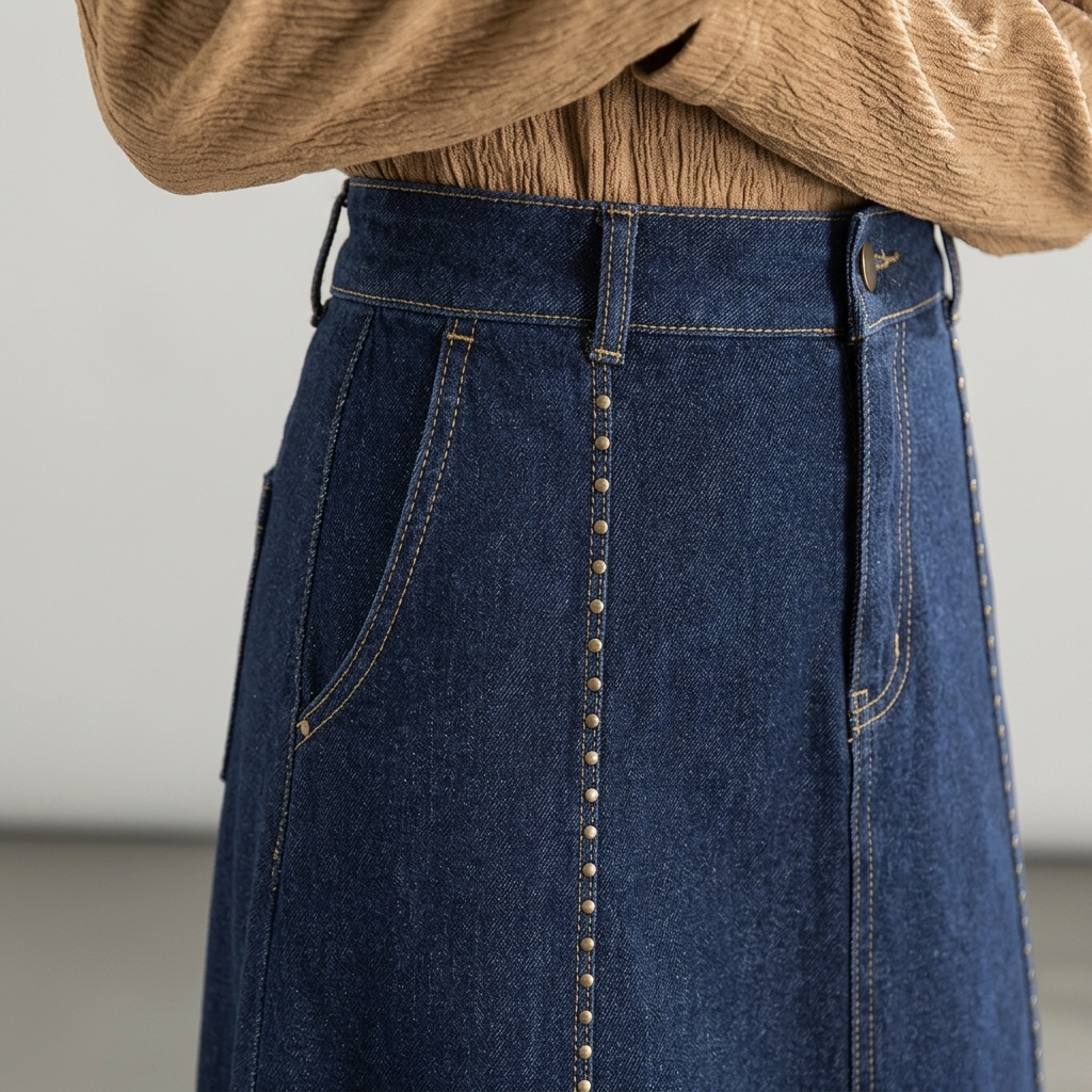 Women's Denim Blend A-Line Midi Skirt – High-Waisted Fade-Resistant