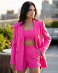 Damen Hosenträger Anzug Set – Elegantes 3-teiliges Outfit mit Blazer, Top & Shorts aus Stretch-Spandex für Büro, Pendler & schicke Freizeitkleidung
