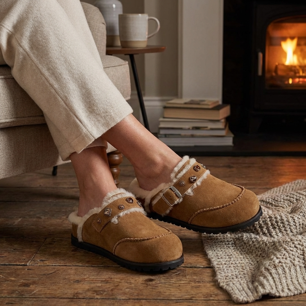 Chaussons compensés en laine pour femme – Semelle épaisse en cuir suédé, chauds, intérieur et extérieur