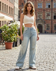 Women's High-Waist Wide-Leg Jeans with Side Ribbon – Embroidered Loose Fit Denim Pants