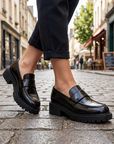 Women's Full Leather Chunky Heel Slip-On Loafers – Cowhide Block Heel