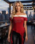 Damen Retro schulterfreies Schleifen-T-Shirt mit schmaler Passform – Einreihiger Kragen, besticktes, kurzärmliges Sommer-Crop-Top