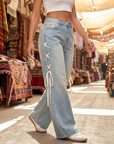 Women's High-Waist Wide-Leg Jeans with Side Ribbon – Embroidered Loose Fit Denim Pants