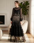 Damen besticktes Pailletten-Mesh-Kleid – Langarm, hochtaillierter Rüschen-Stufenrock