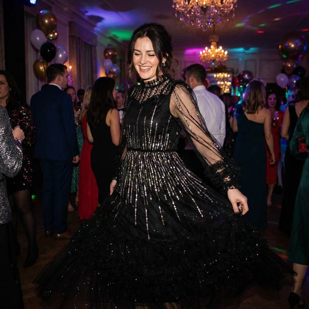 Damen besticktes Pailletten-Mesh-Kleid – Langarm, hochtaillierter Rüschen-Stufenrock
