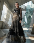 Damen besticktes Pailletten-Mesh-Kleid – Langarm, hochtaillierter Rüschen-Stufenrock