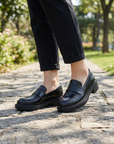 Women's Full Leather Chunky Heel Slip-On Loafers – Cowhide Block Heel
