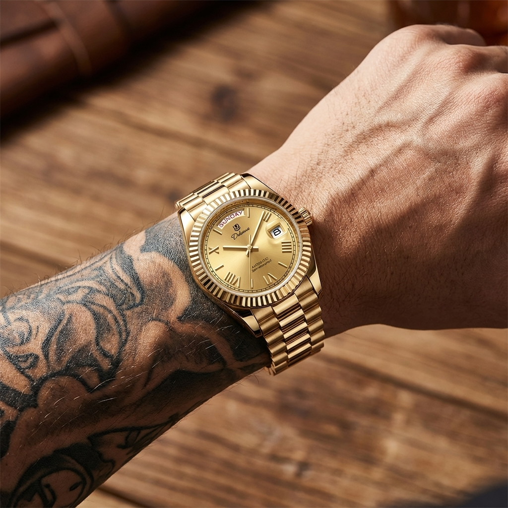 Men's Automatic Calendar Watch – Stainless Steel Mechanical Timepiece with Day-Date Display, Mineral Crystal &amp; Waterproof Design